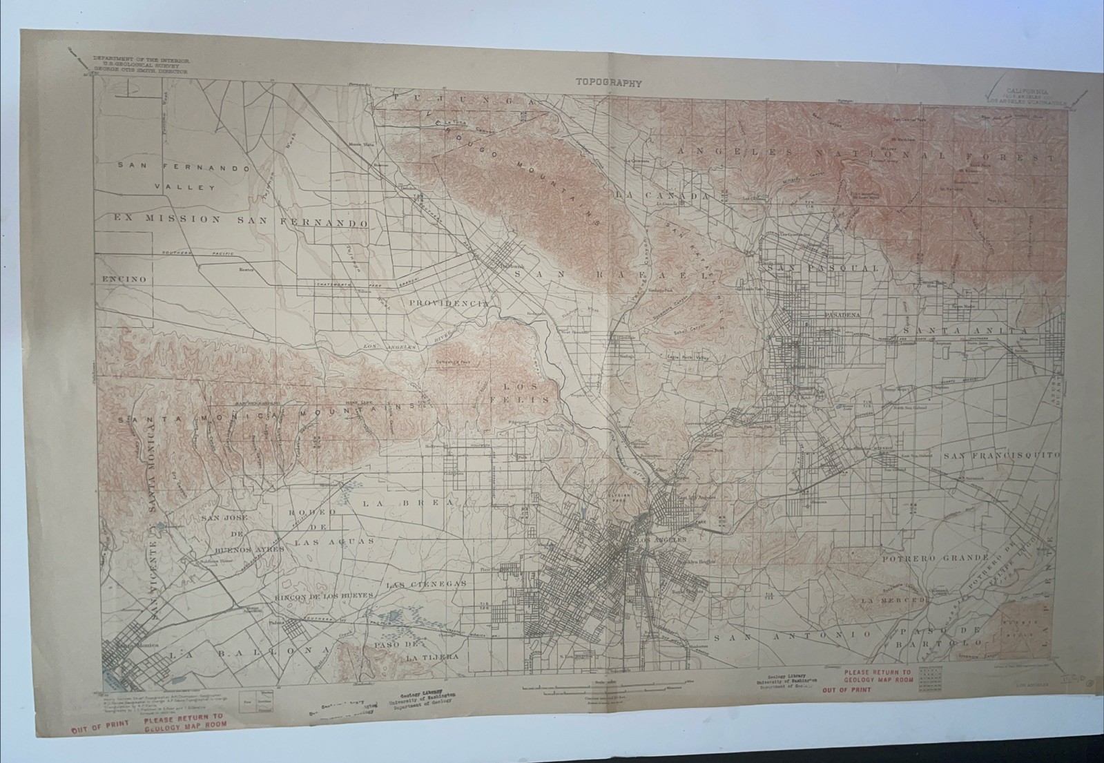 28.5”x20” USGS Topographic map Los Angeles Co 1900 Survey reprinted 1915 (1I)