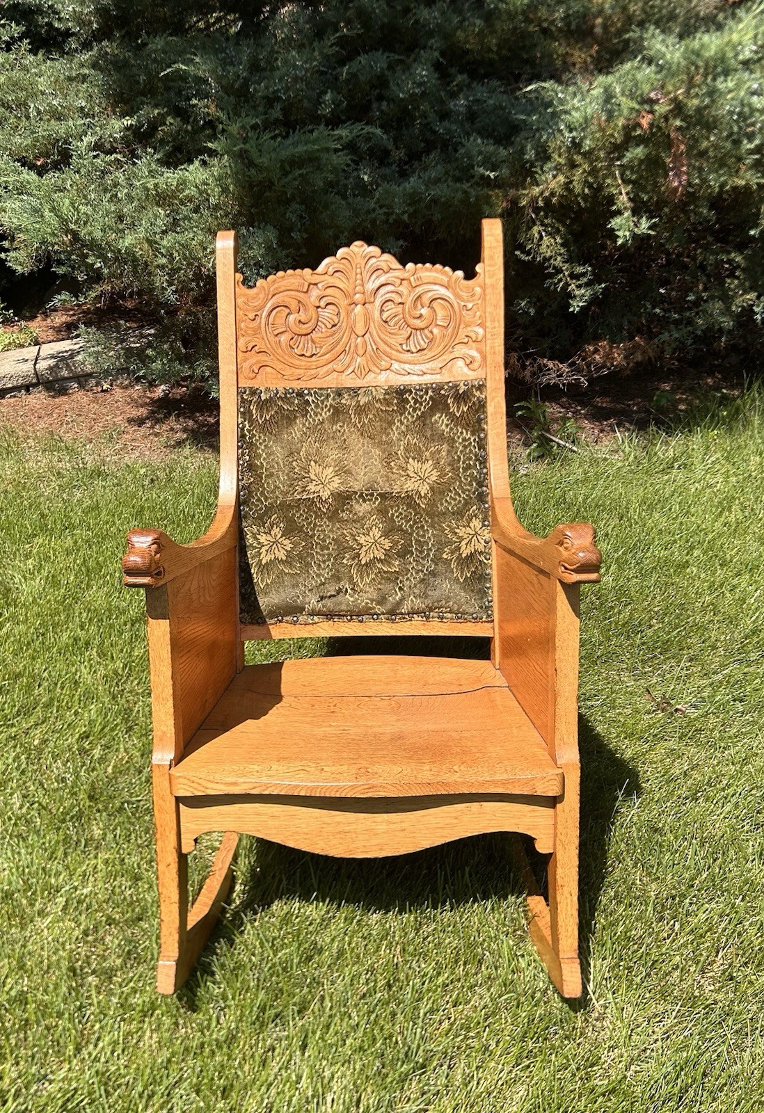 Renaissance Revival Carved Tiger Oak Rocking Chair Figural Lion/Beast Arms Crest