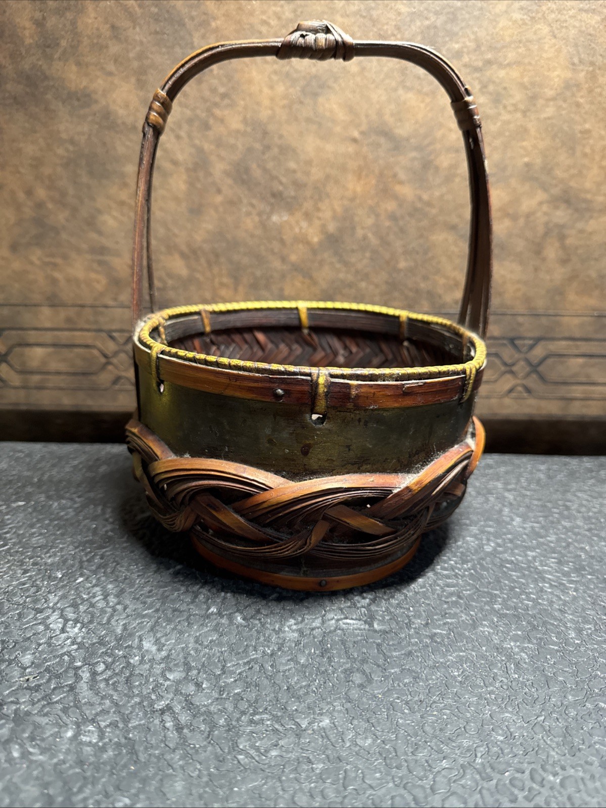 Vtg Japanese Ikebana Bamboo Basket Woven Flower Vase Brass Liner 1950’s Rare