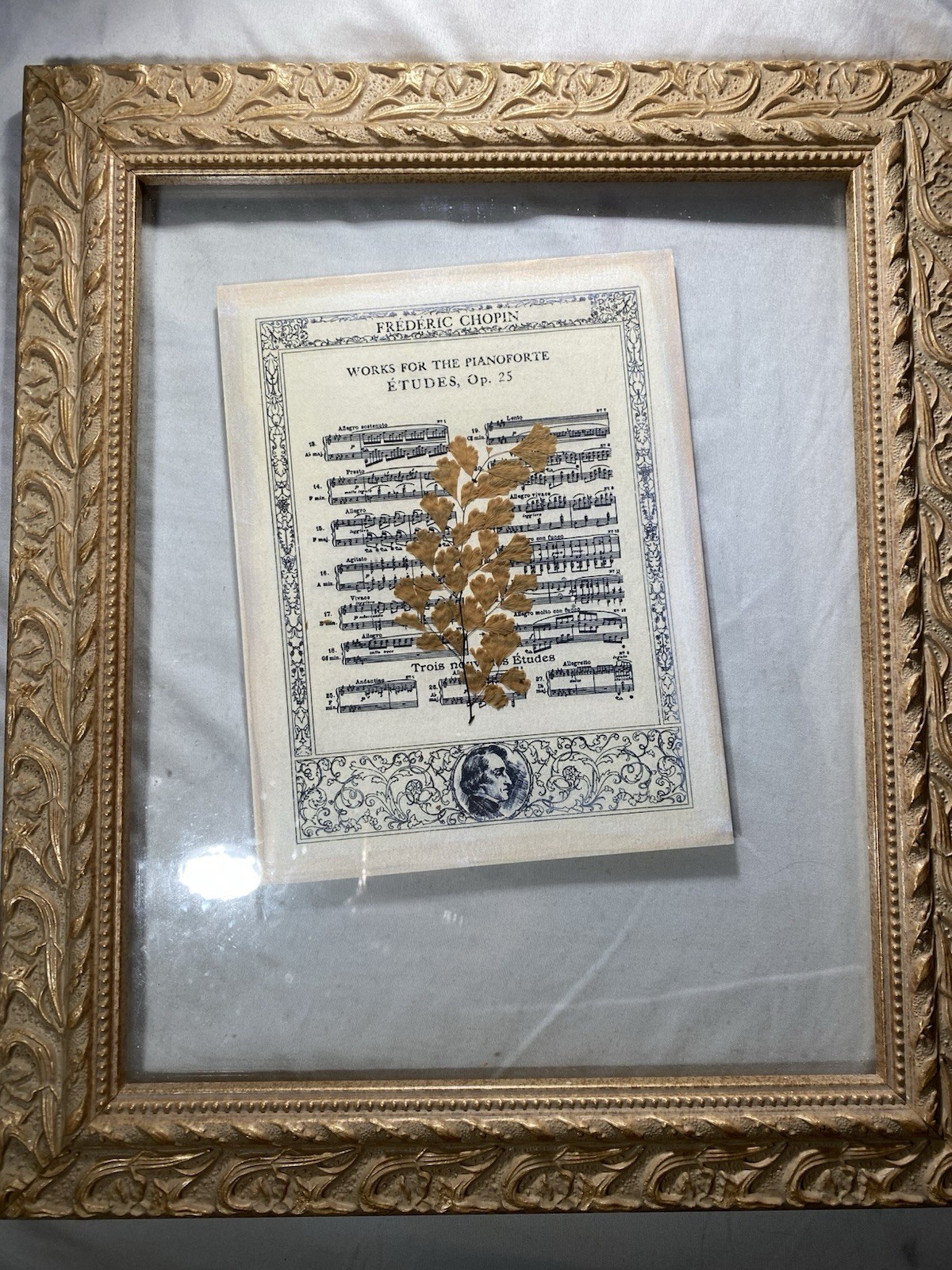 Antique gold vintage Bombay Company Chopin Print With Leaf on Glass 13.25″x11.25