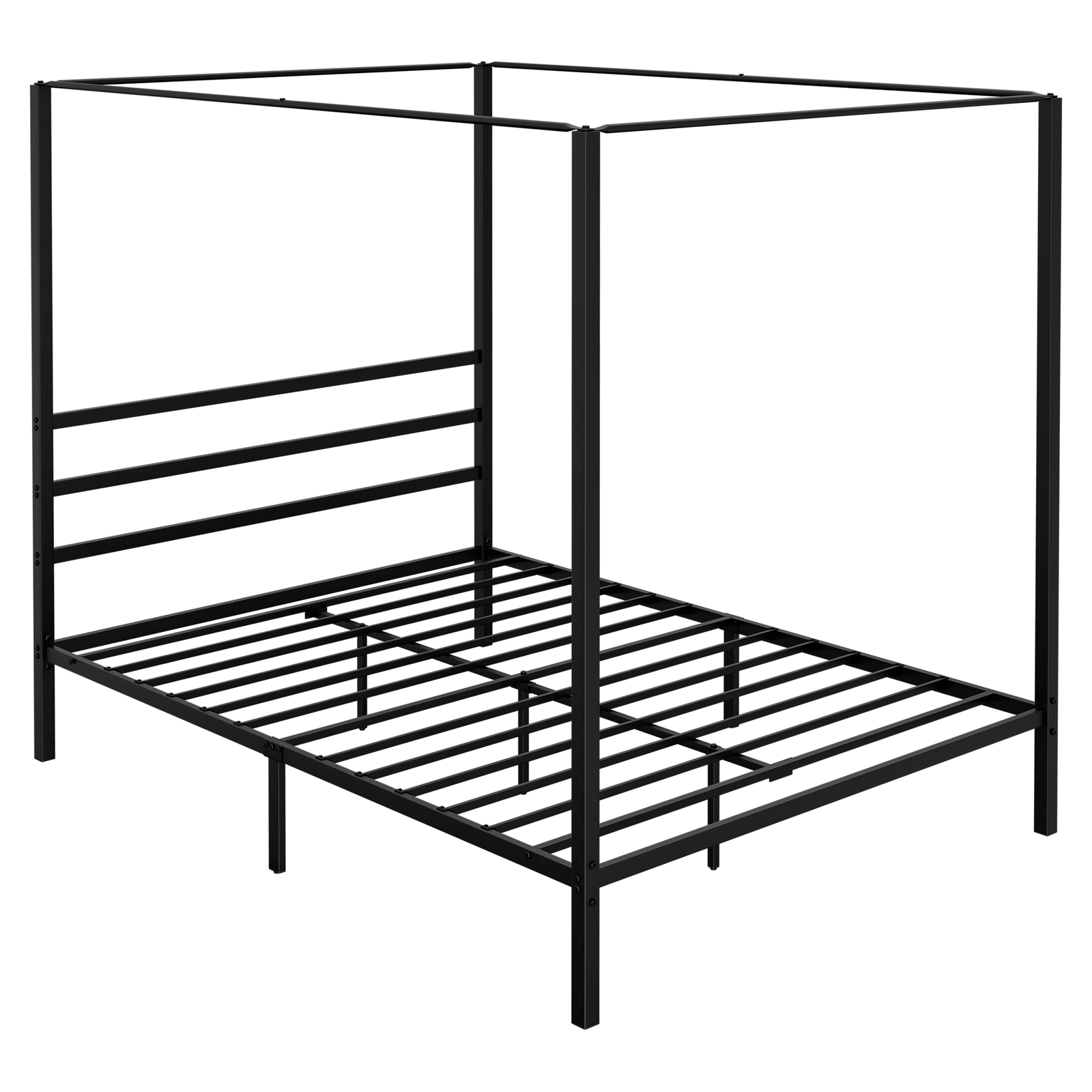 Queen Size Canopy Bed Frame Sturdy w/ Built-in Headboard Under Bed Storage Space