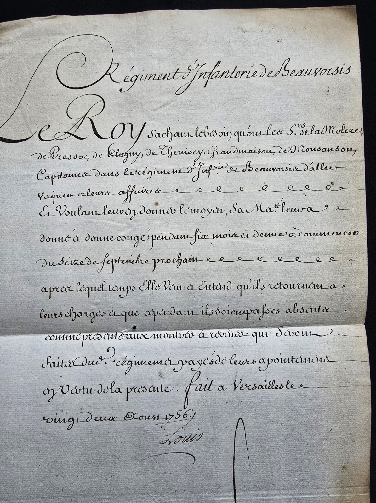 LOUIS XV SIGNED FURLOUGH FOR 6 CAPTAINS IN THE BEAUVAISIS INFANTRY REGIMENT 1756