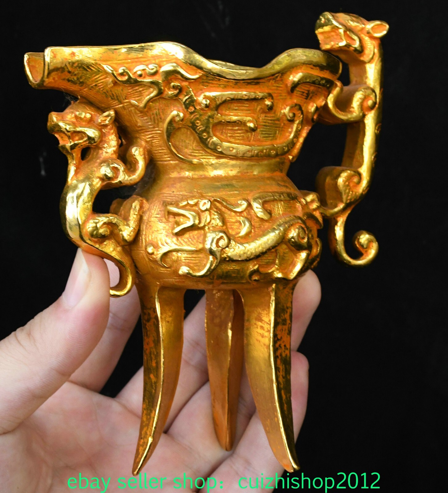 5.5” Old Dynasty Pure Bronze Gilt Dragon Loong Ear Beast Animal Zun Wine Cup