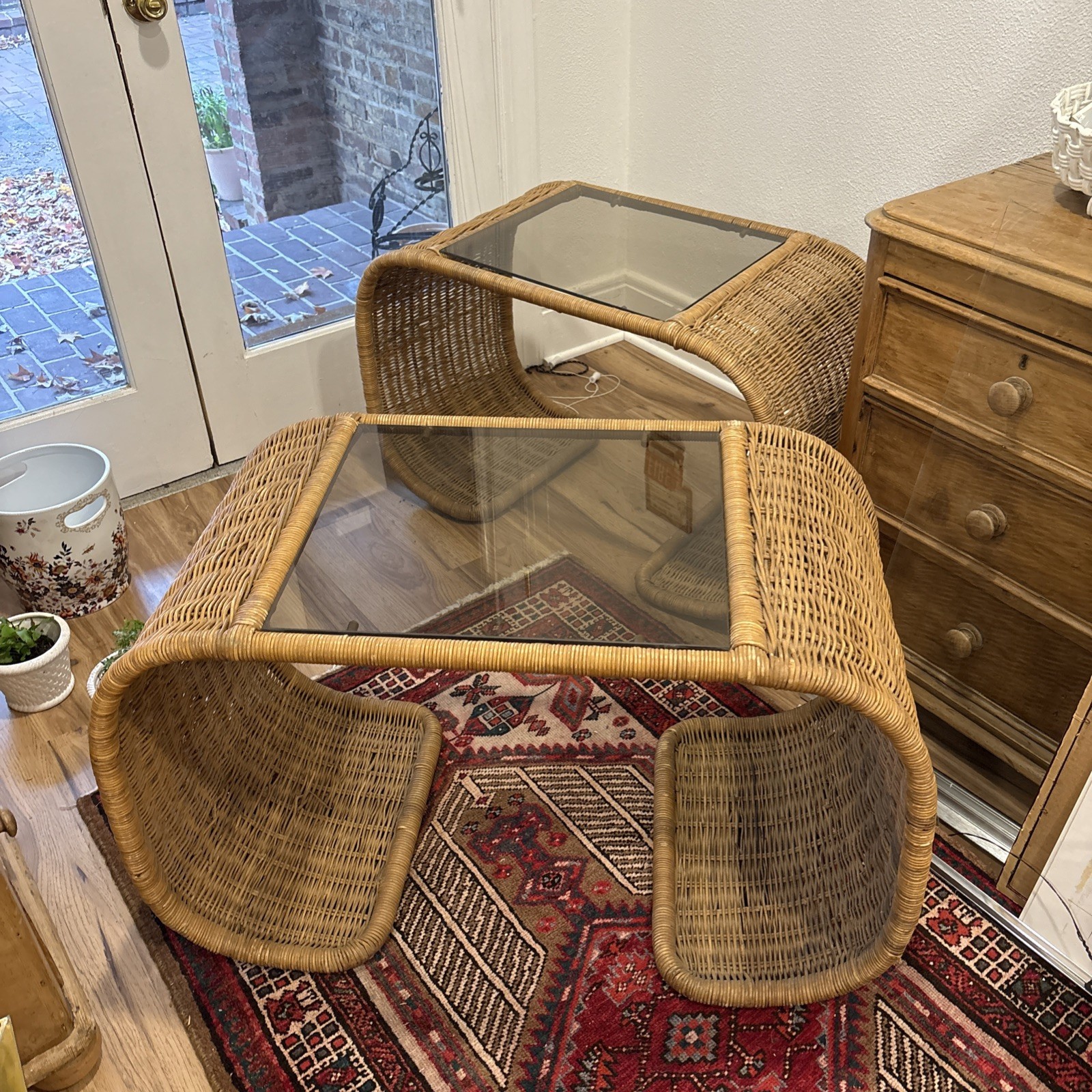 Pair Modern 1970s Wicker Waterfall Tables With Smoked Glass Tops MCM
