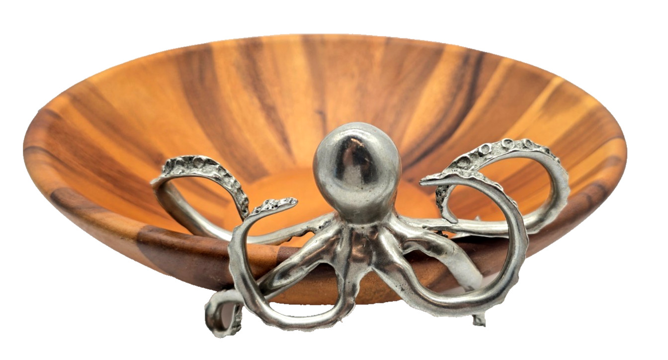 RARE Vagabond House Large Wood Bowl w/ Ornate octopus 16″ diameter BEAUTIFUL
