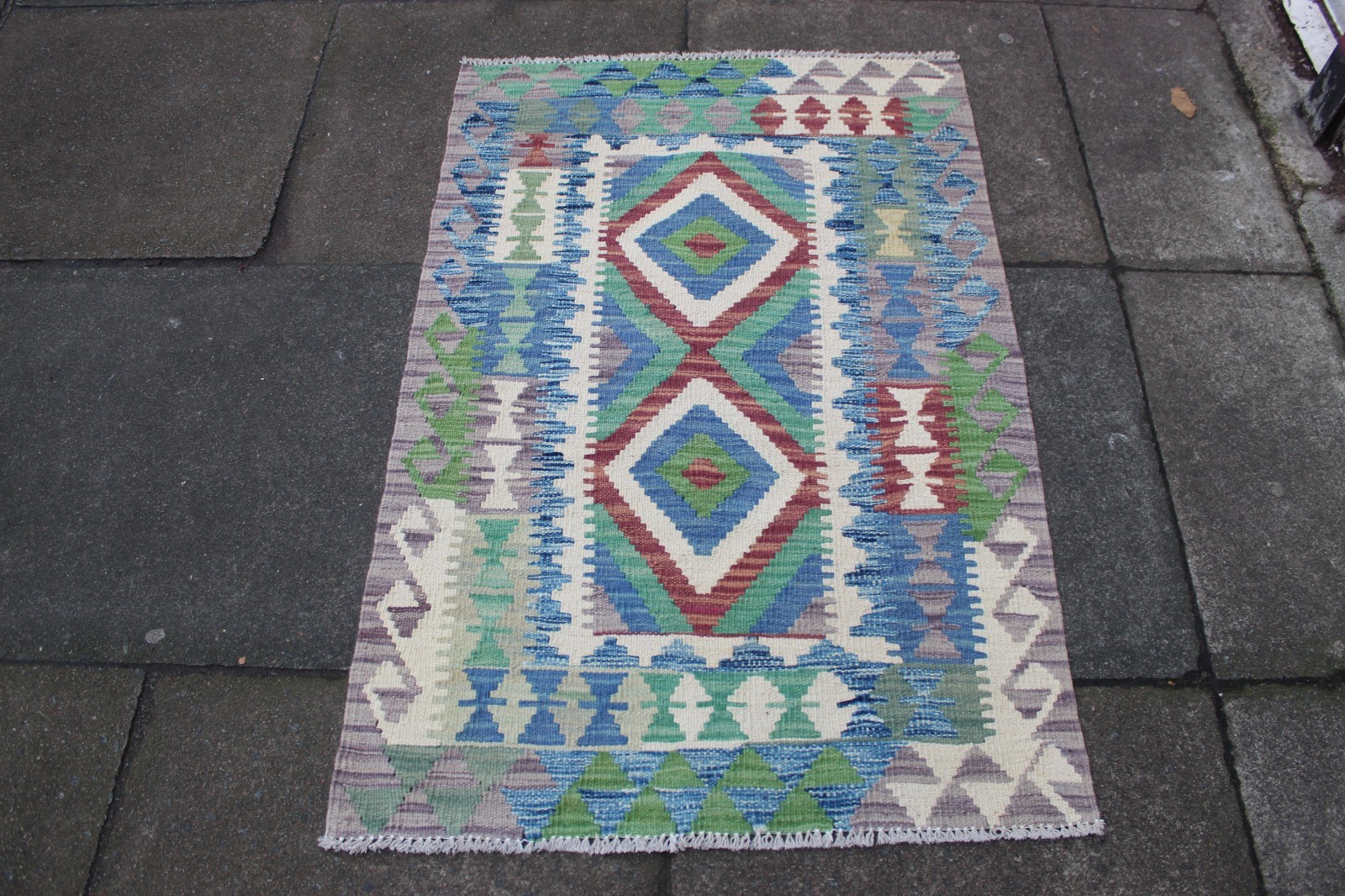Kilim Vintage Traditional Hand Made Oriental Blue Grey Wool Small Kilim 120x80cm