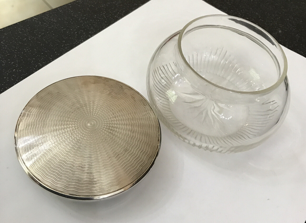 HM Hallmarked Solid Sterling Silver Glass Engine Turned Dressing Table Pot Box