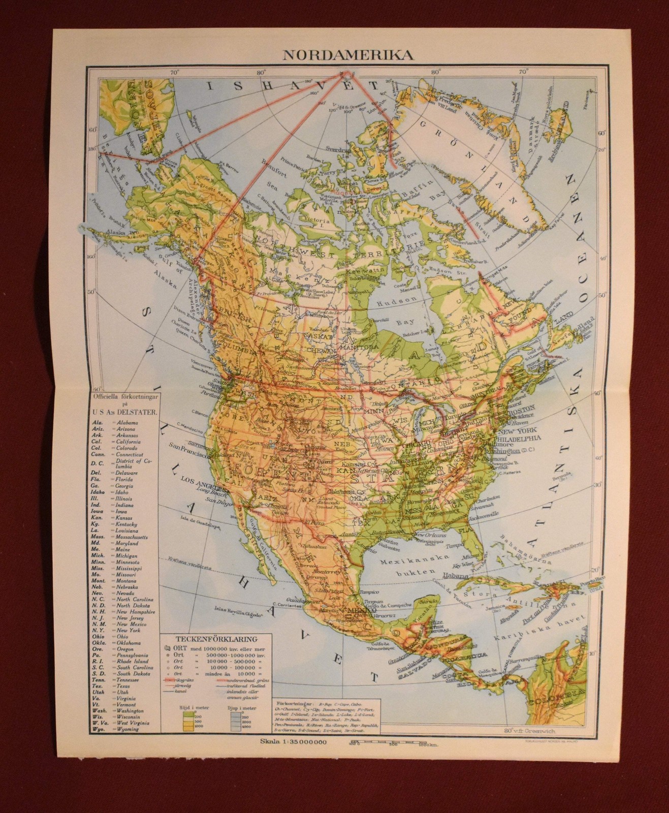 Map of North America, ‘Nordamerika’ Swedish Encyclopedia Plate 1950’s