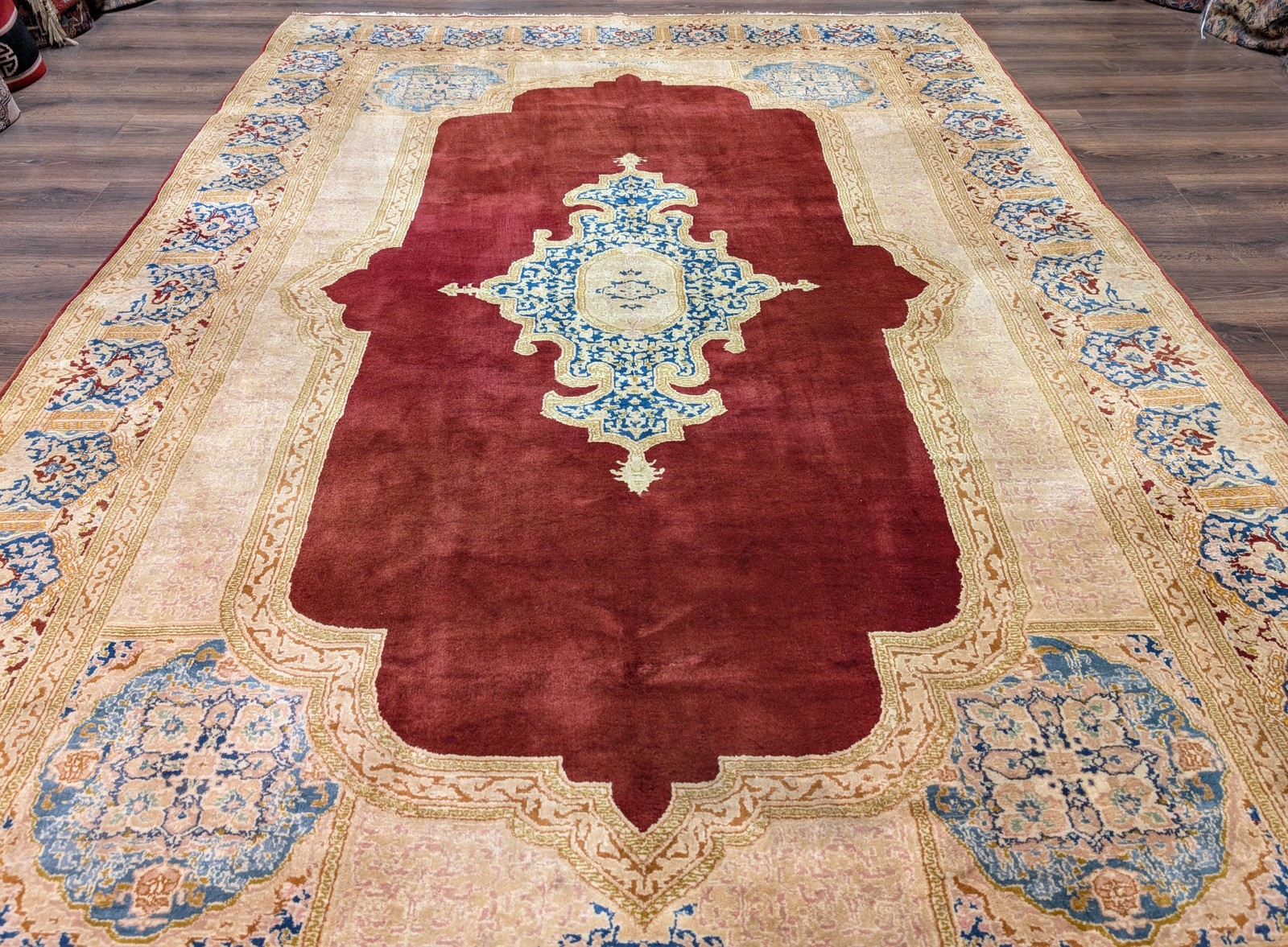 Per’sian Kirman Rug 8×11, Red Semi Open Field, Handmade Wool Carpet
