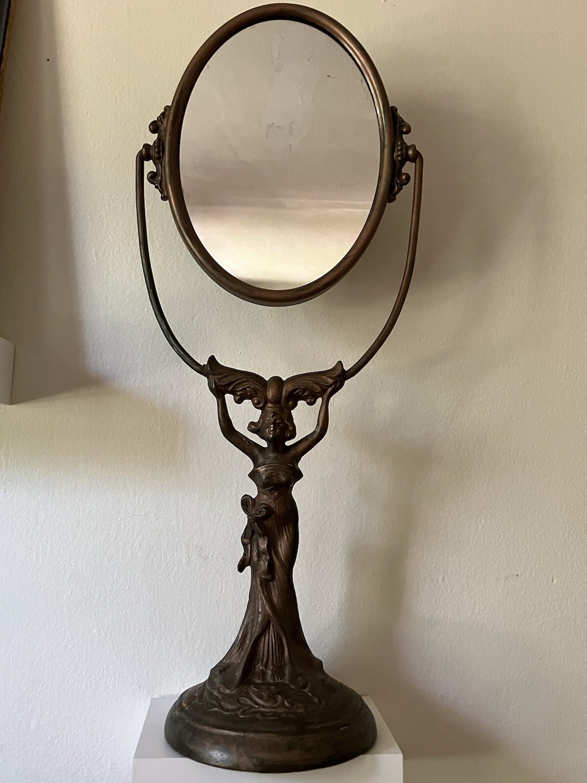 Antique Cast Metal Art Nouveau Woman Figure Tilting Table Vanity Mirror
