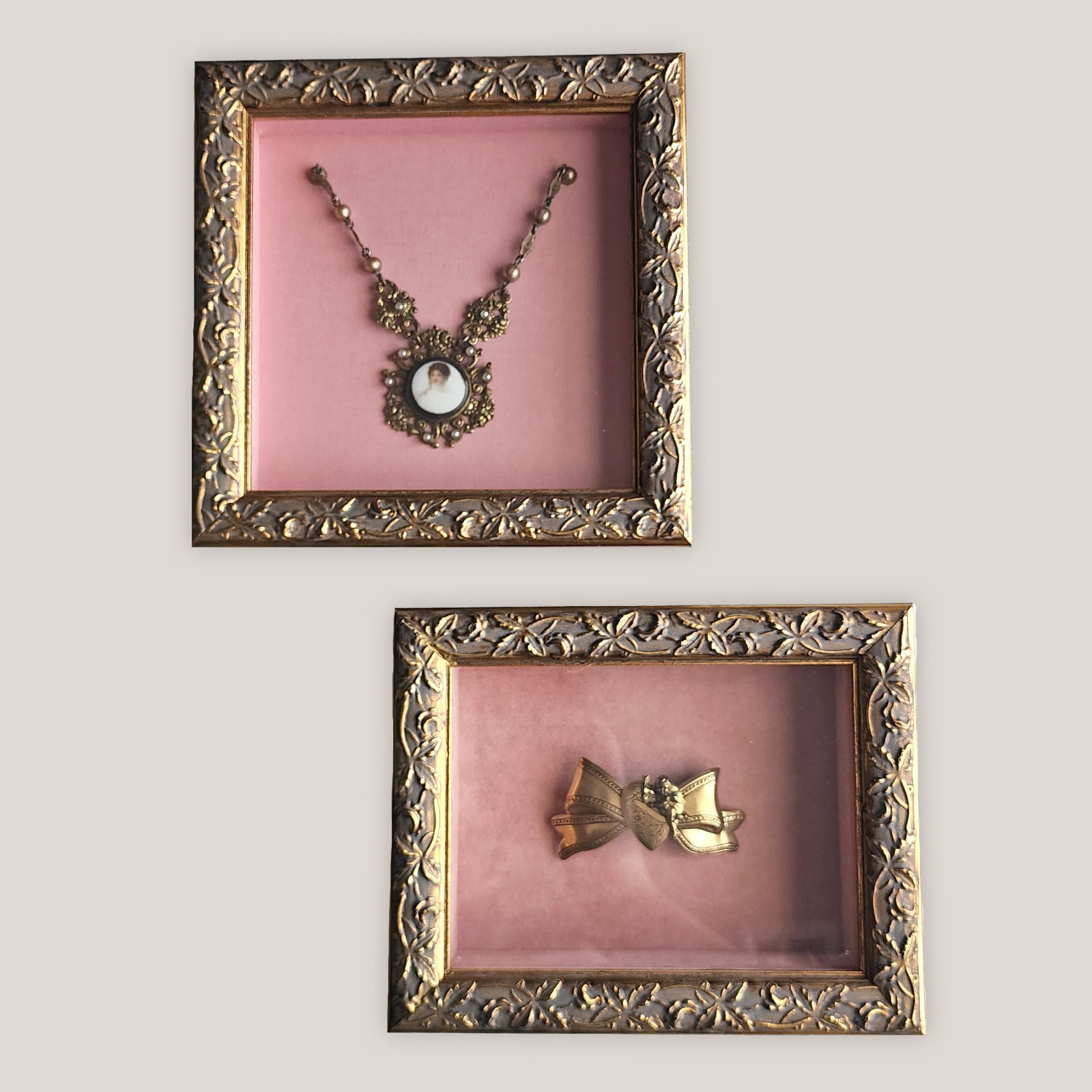 Set of 2 Vintage Shadowbox Victorian Style Brooch & Necklace Pendant Framed Gold
