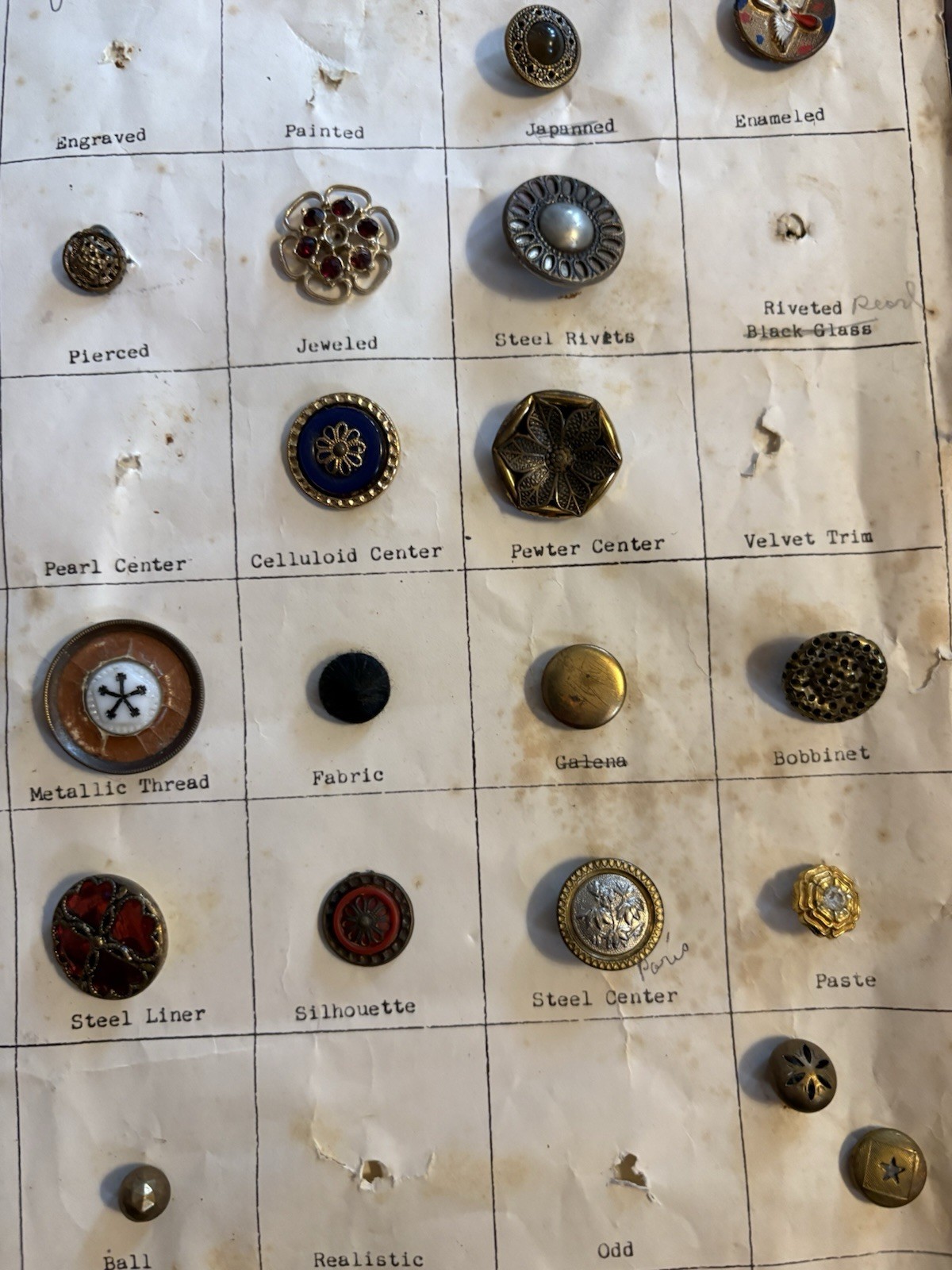 Antique Button Display Card Collector Enamel Mixed Metal Materials Labeled 23P