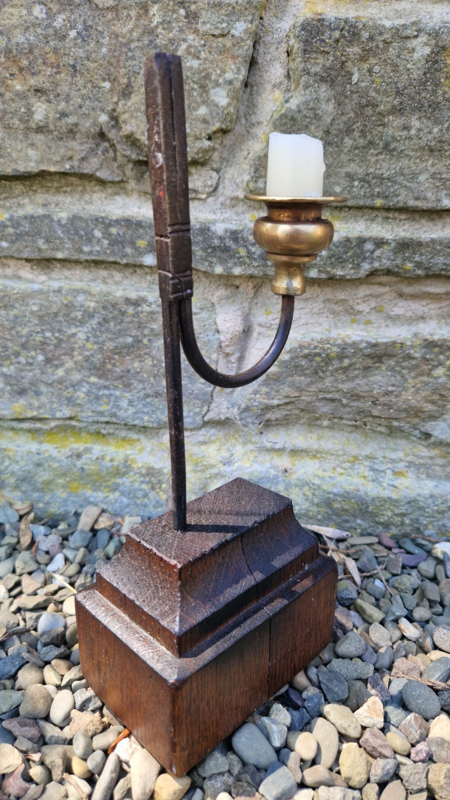 Antique wrought iron rushlight holder nip brass candlestick oak base