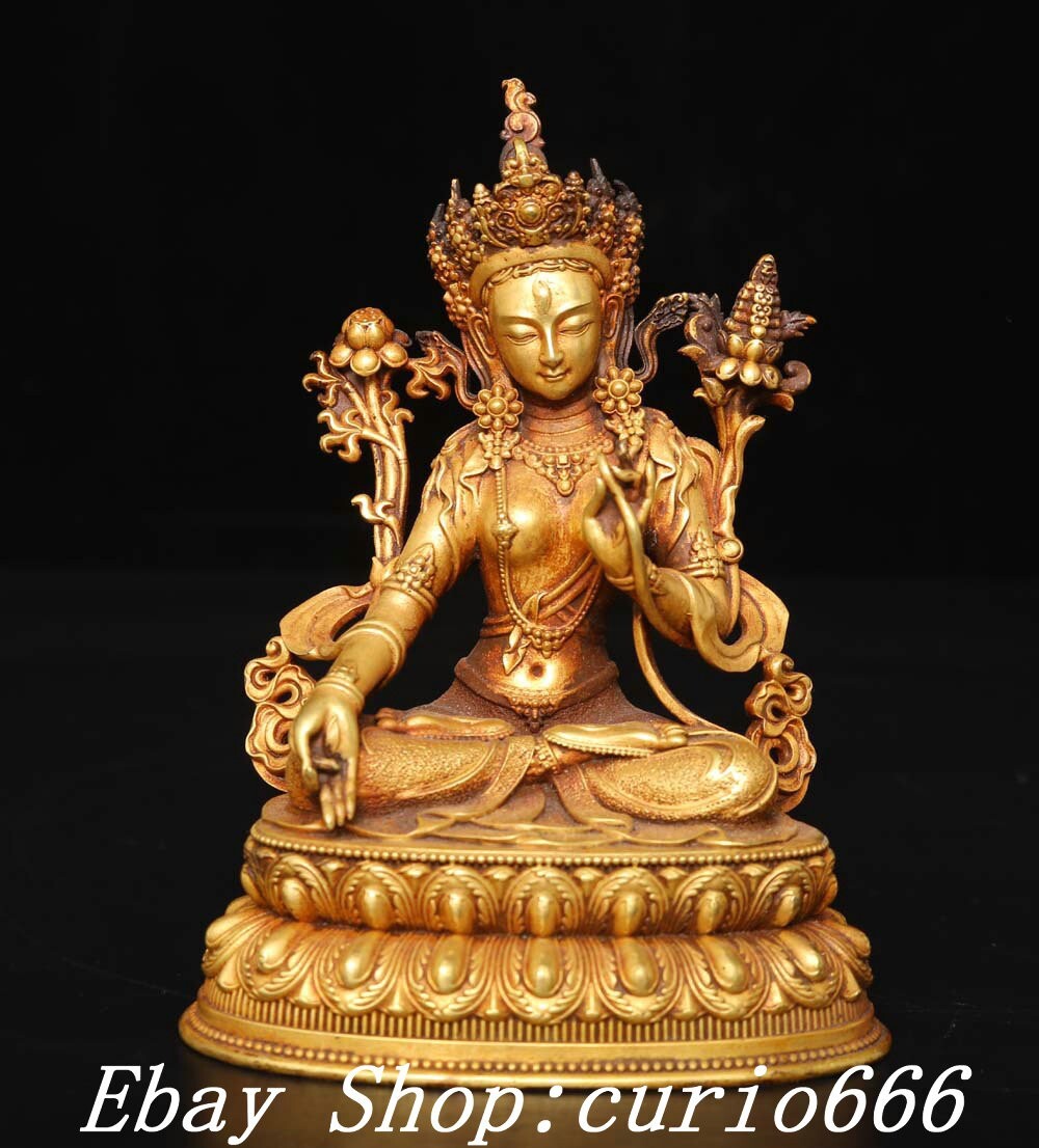 Old Tibet Buddhism Purple Bronze Gold 7 Eyes White Tara Compassion Buddha Statue