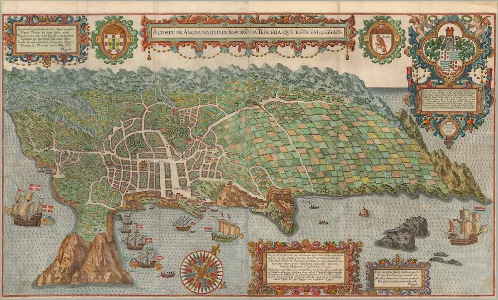 1596 Linschoten View of Angra do Heroísmo, Azores; Earliest Printed Map of Angra