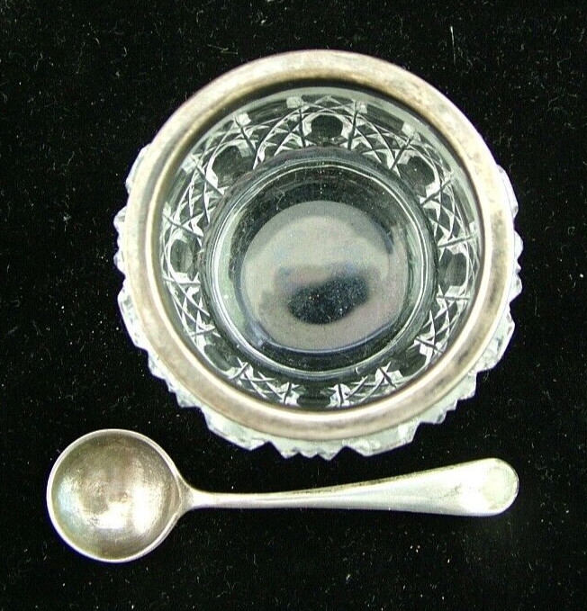 J.S. & S STERLING SILVER OPEN SALT SPOON W GLASS SALT CELLAR