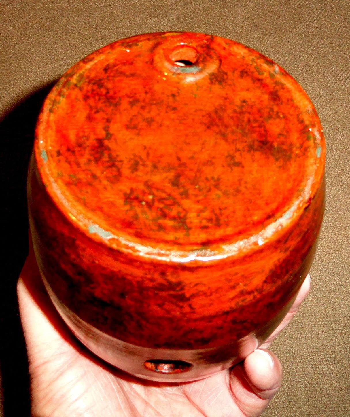Rare 19th C. Sponge Decorated Redware Rundlet