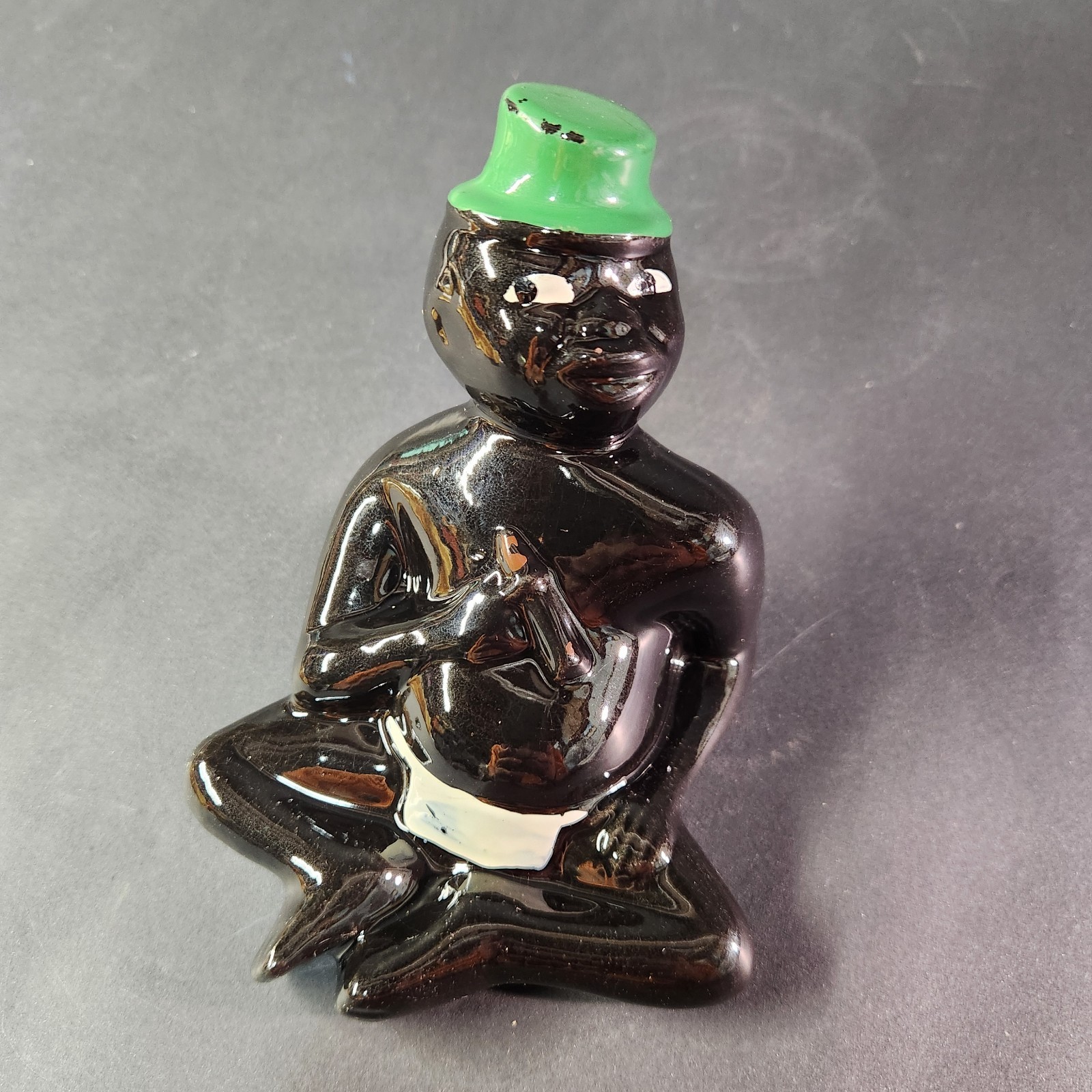 Mid 20th century (1940-1960 )Black American Green Hat Cross Legs Glazed Ceramic