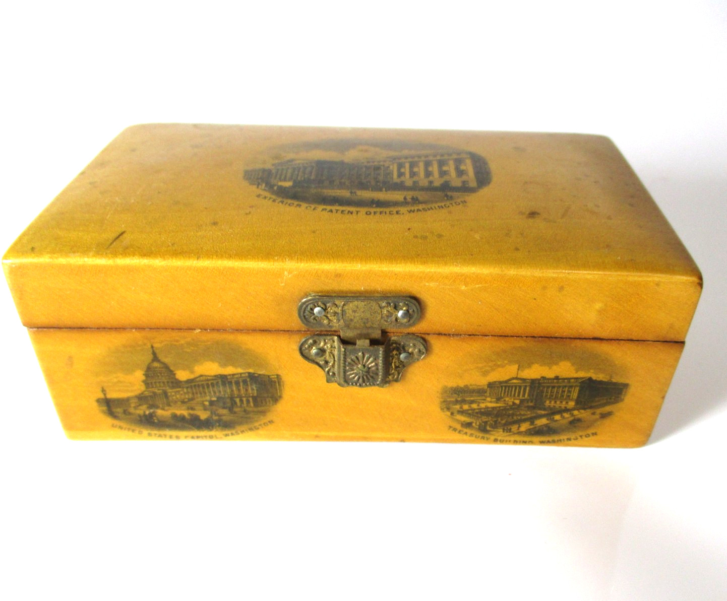 Antique Wooden Trinket Box 4.5″ Washington D.C. Lithographs Capitol Souvenir