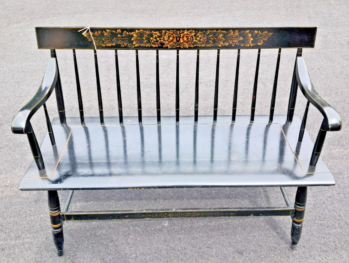 L. Hitchcock stencil decorated black Deacon’s bench spindle