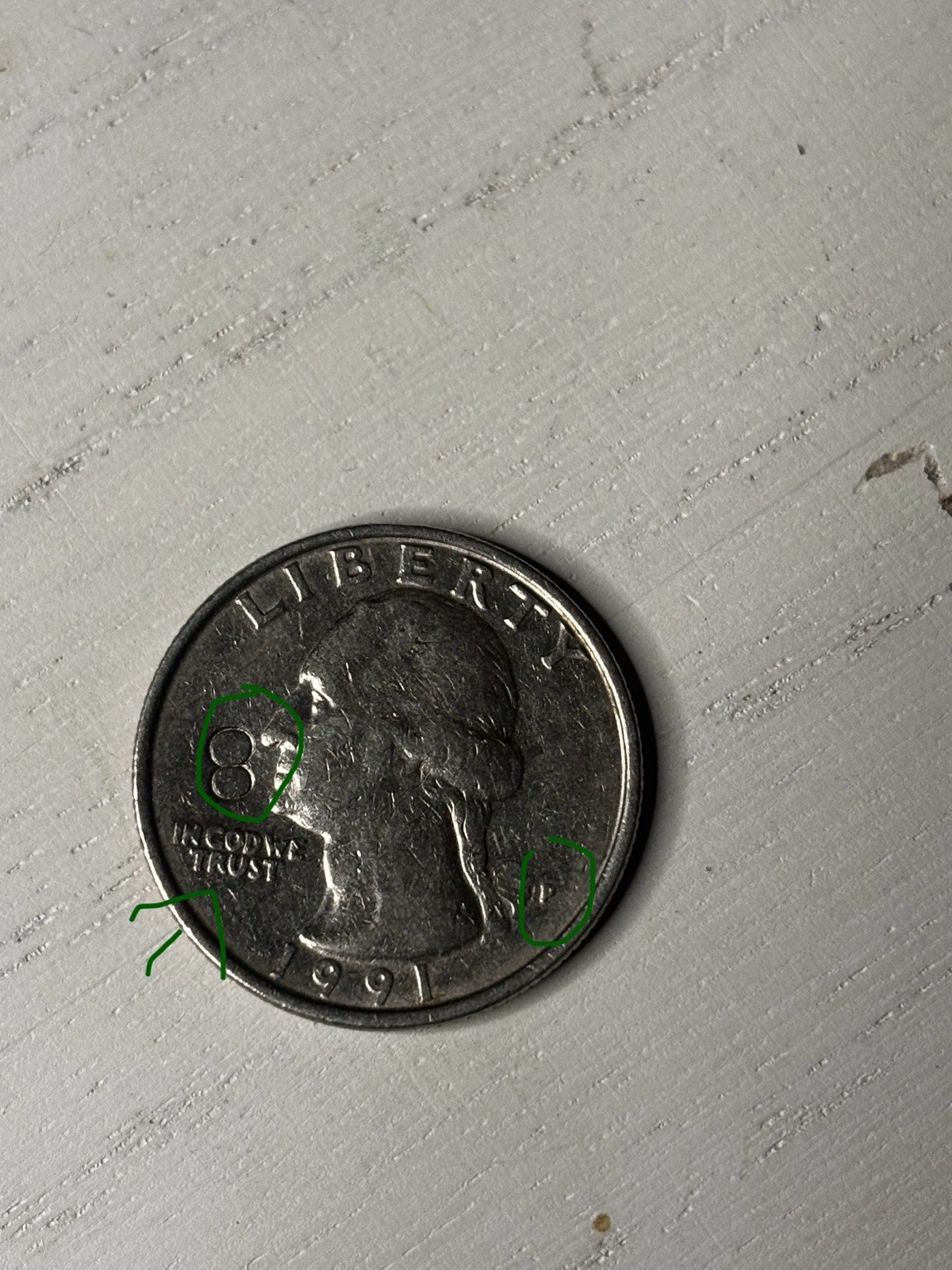 1991 P Washington Quarter, With Errors, In Cod We Trust.