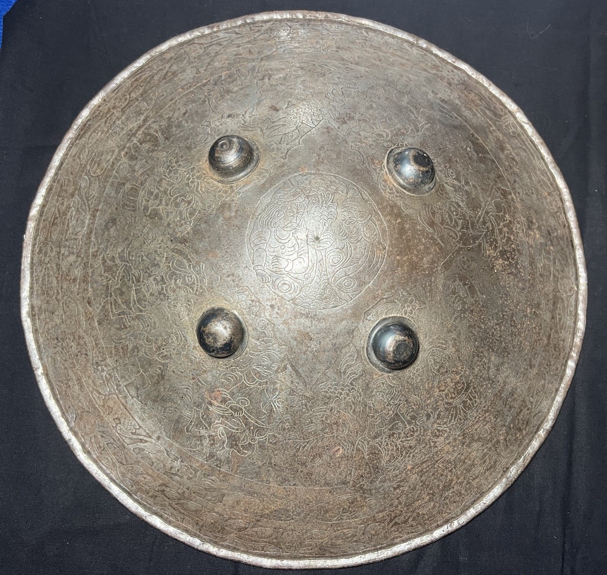 Mughal Safavid Steel Shield Full Engraved Images Prince Servants Animals 18th C