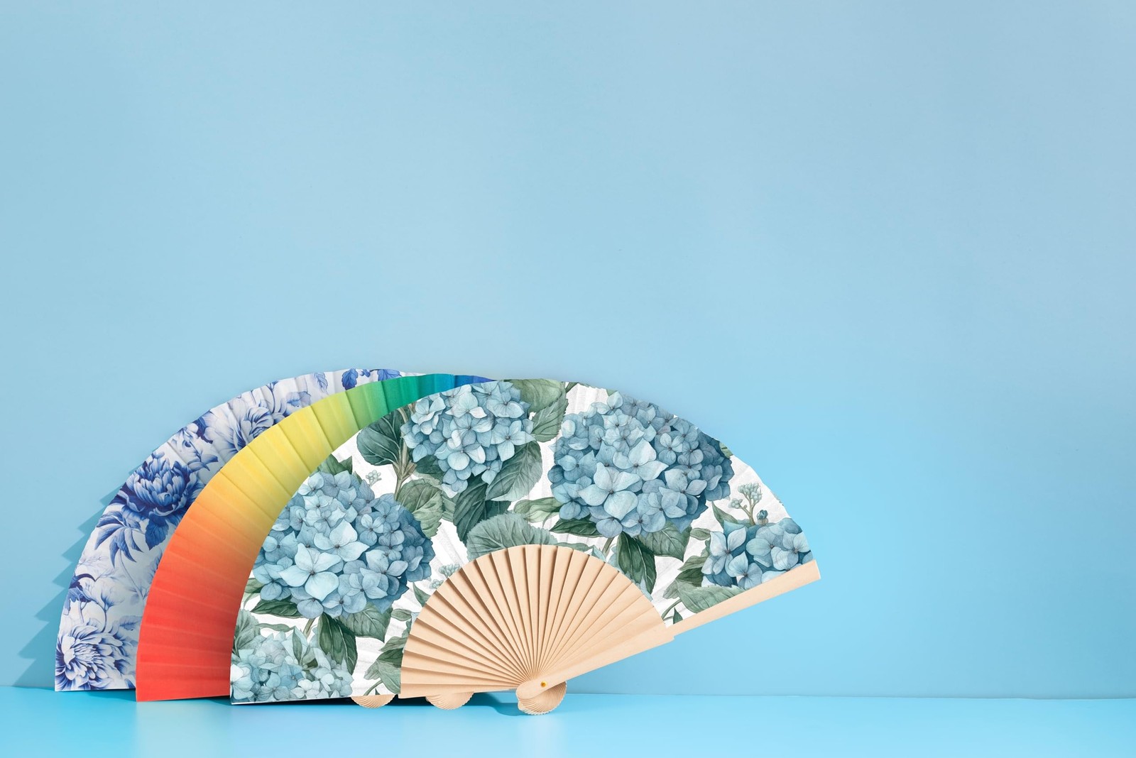 Abbott Collection Hydrangea Folding Hand Fan – Wood/Cotton, Blue/Green (16″W)