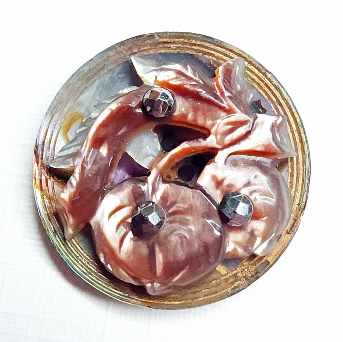 Antique Carved Pearl Shell Pomegranates Fruit Picture Button w Steels under 3/4″