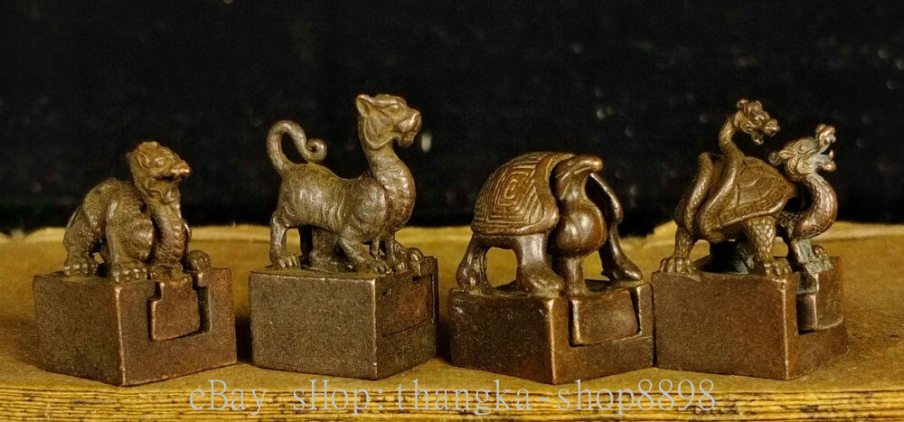 2″ Old Chinese Red Bronze Gilt Four Animal God Beast Seal Stamp Statue Set
