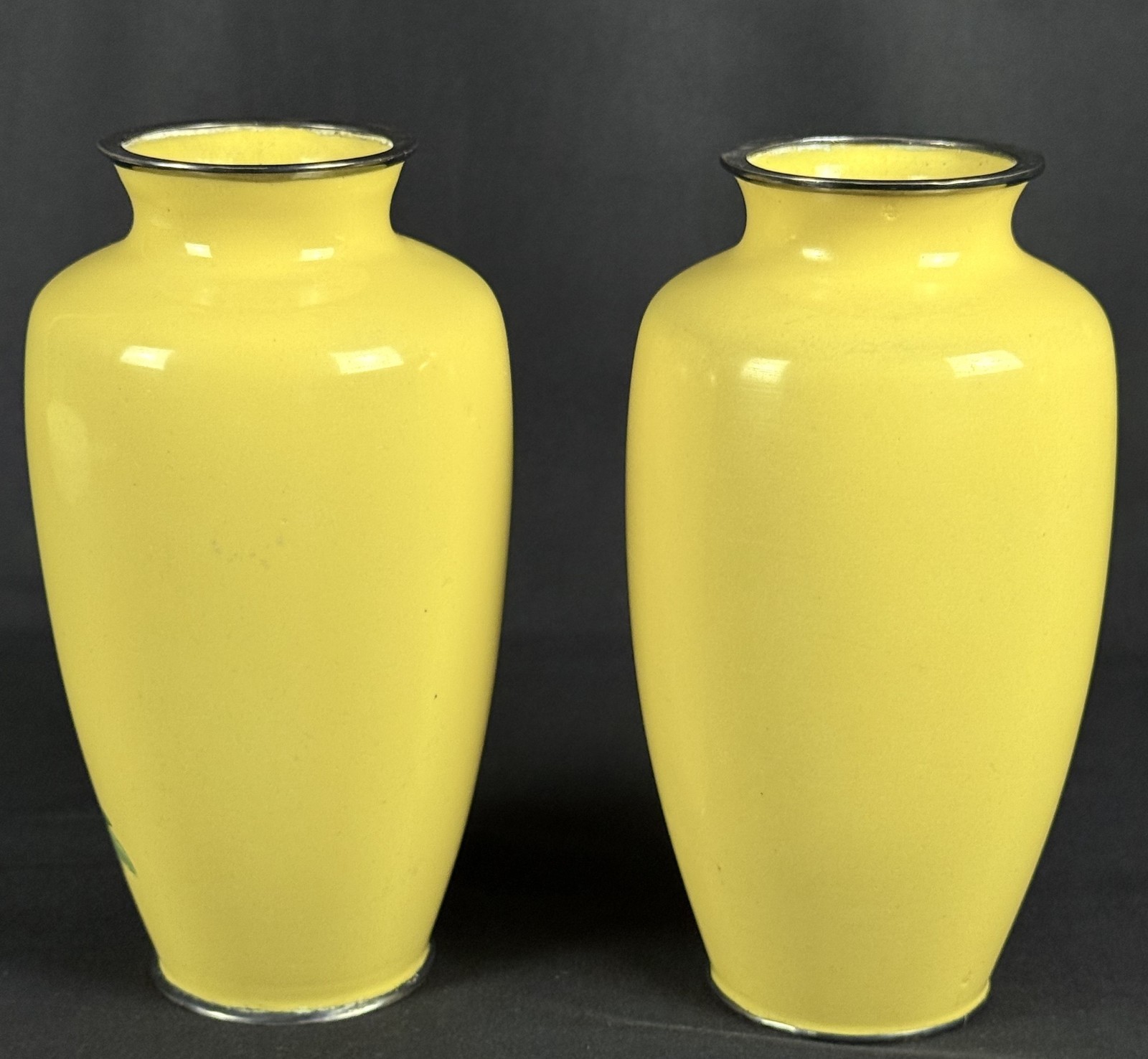 Pair Japanese Cloisonné Vases Akagi Nagoya WWII CPO 1945–50 Yellow Peony 7”