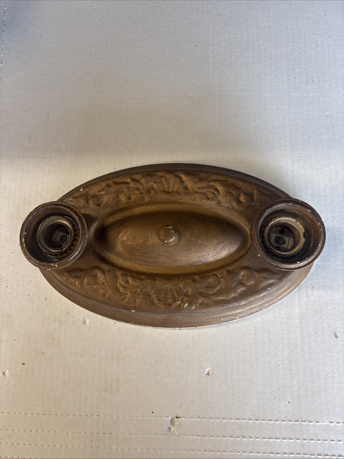 Vintage Art Nouveau Deco Pressed Tin Metal 2 Bulb Flush Mount Ceiling Light