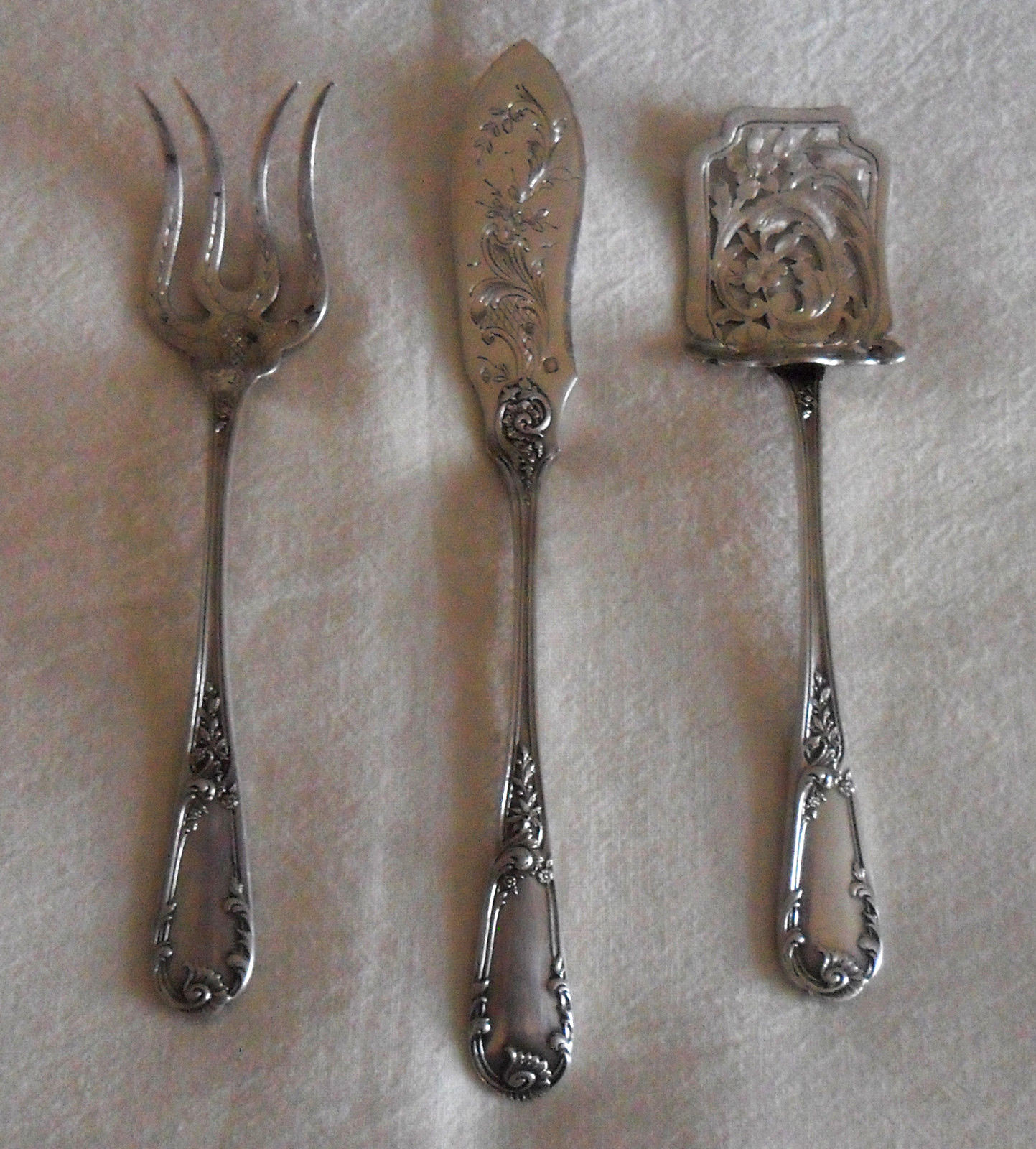 Antique French Vintage Stamped Silver Fish? Asparagus? SET Fork Knife Spoon 3 pc