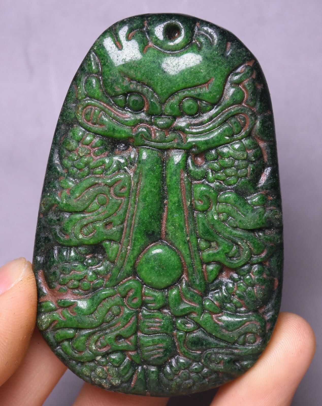 Hongshan Culture Green Jade Jadeite Carving Dragon Beast Bixie Amulet Pendant