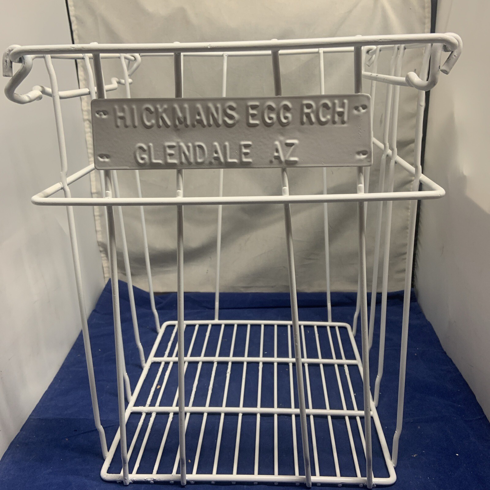 Vintage Wire White Painted Metal Egg Crate Flip-up Handles Marked Hickman Egg