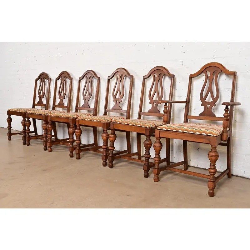 Berkey & Gay Style Antique Jacobean Carved Walnut Dining Chairs, Set of Six