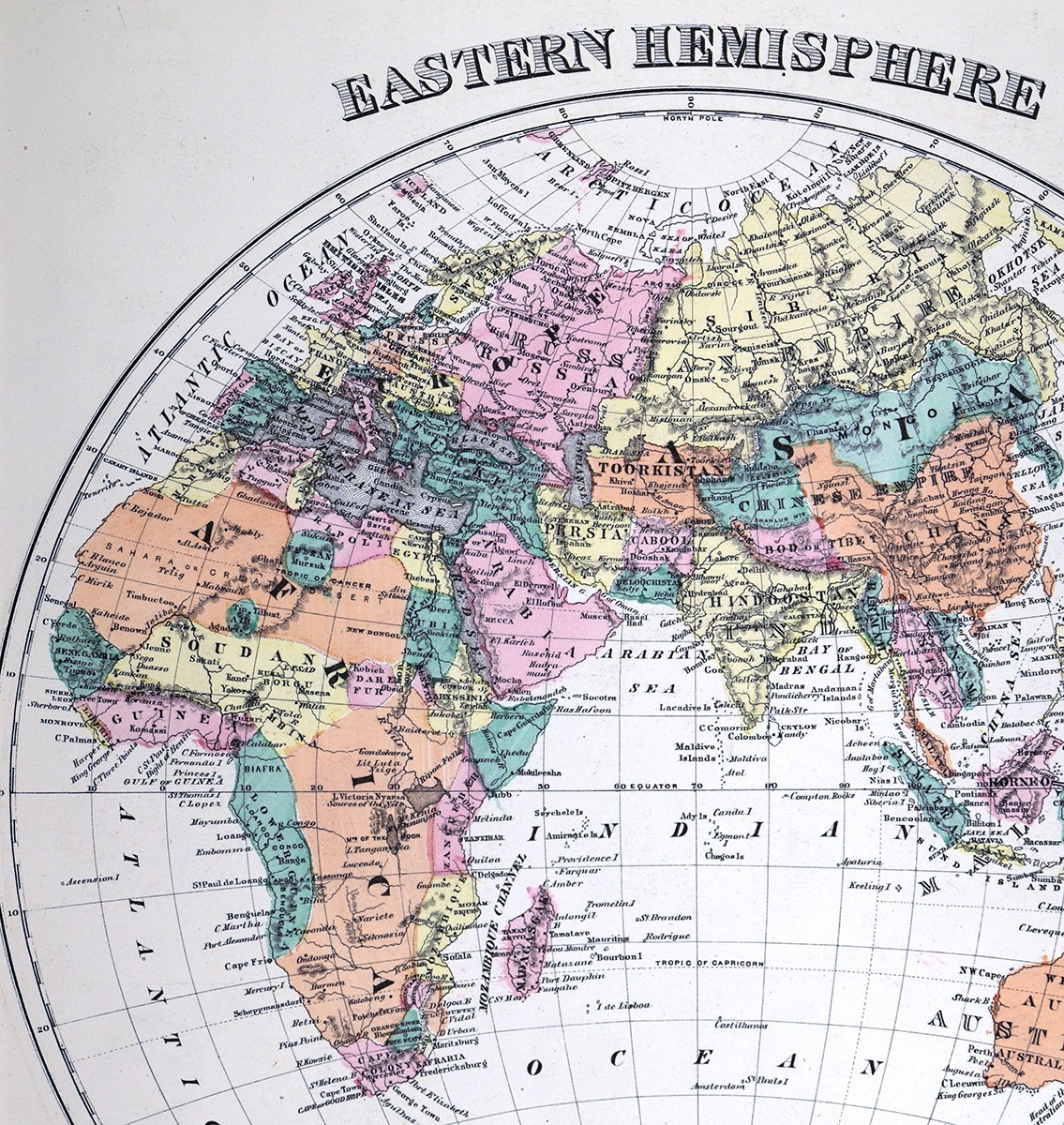 1876 Warner & Beers World Map Eastern Hemisphere Europe Asia Africa Australia