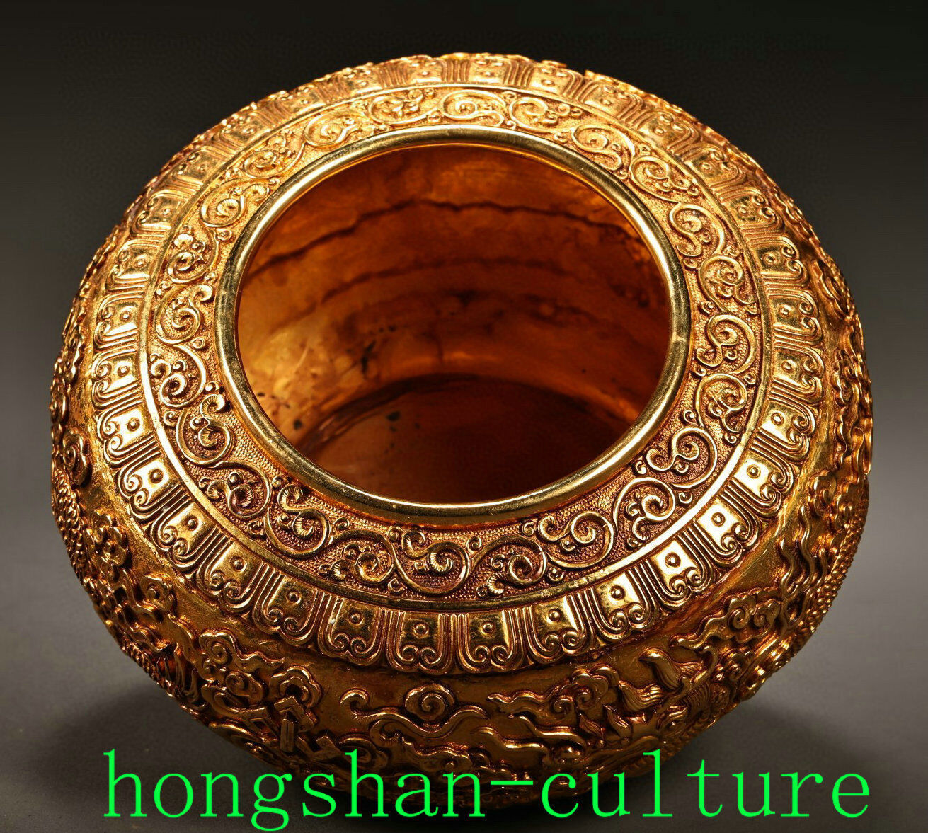 5.1″ Old China Pure Bronze Gild Relief Dragon Beast Pattern Pot Jar Crock