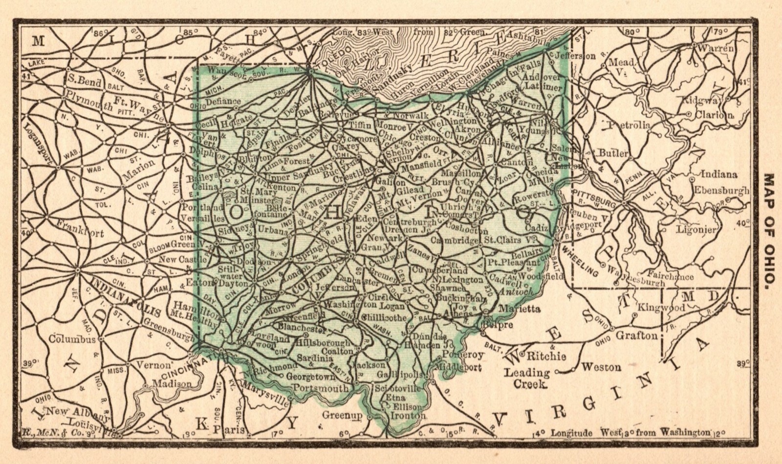 1888 Antique OHIO Map Tiny Miniature Vintage Map of Ohio Gallery Wall Art 8318