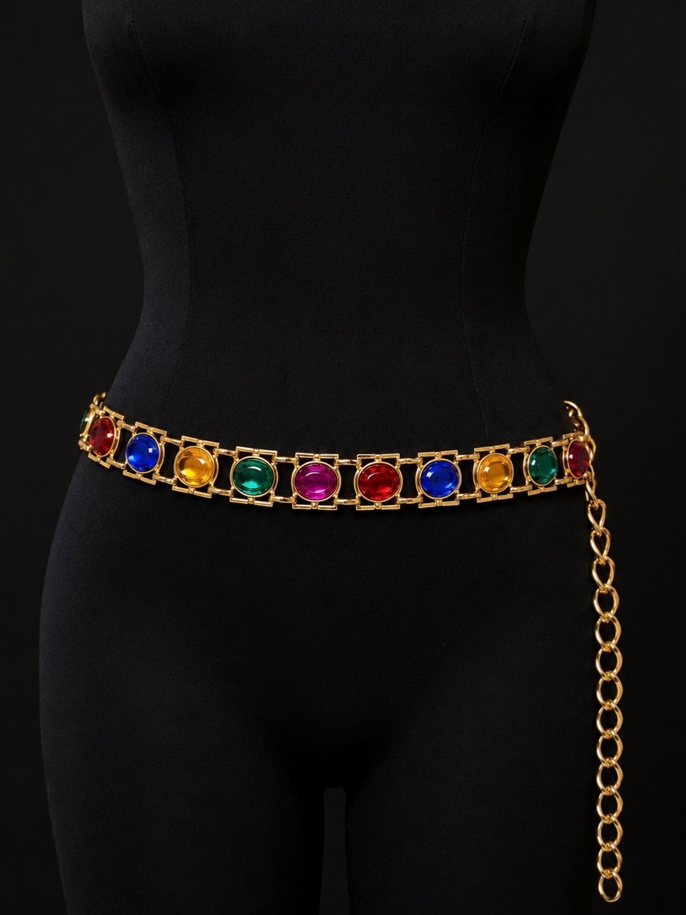 VTG ~80s Taiwan Multicolor Oval Jelly Belly Jewel Cabochon Chain Belt Gold Tone