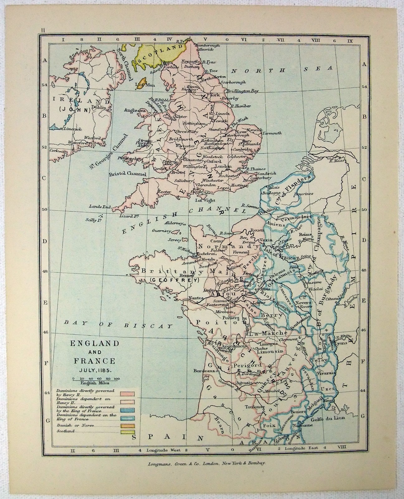 Vintage Longmans Map of England and France in July 1185