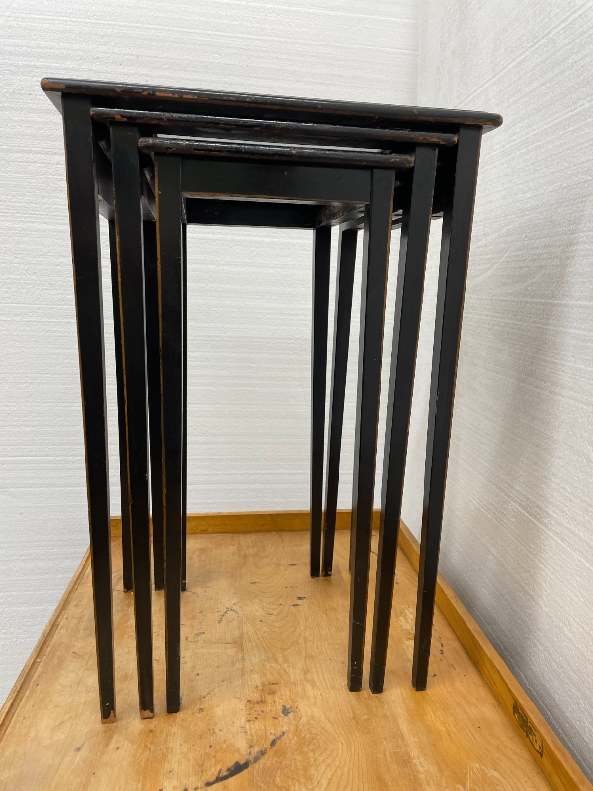 Black Paint decorated Nesting Tables set of 3 Glass Tops solid wood tables