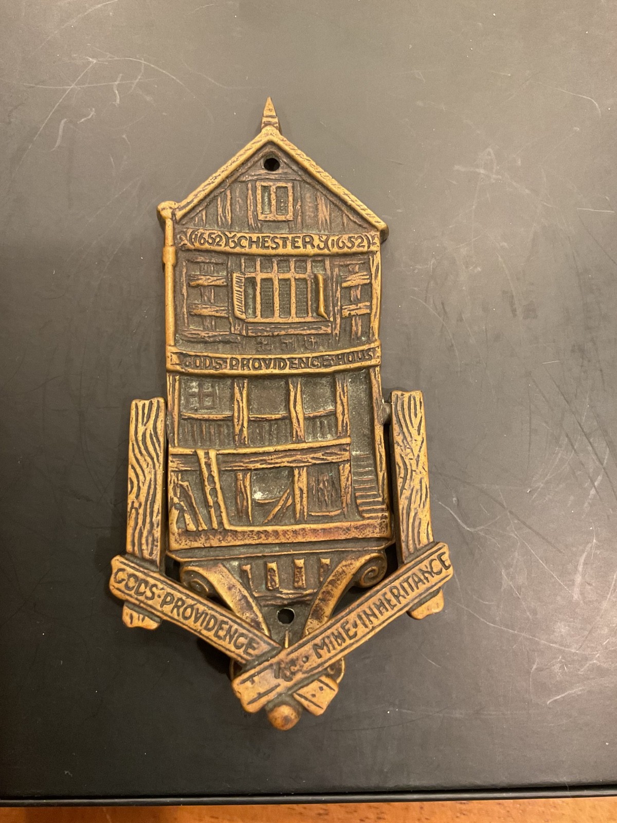 Antique Brass Door Knocker- Gods Providence House 5-3/8″ x 2-1/2″ – nice cond.