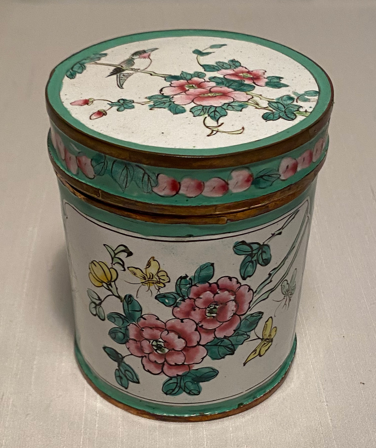 Antique Chinese Canton Enamel Brass Tea Caddy Lidded Box Hand Painted Bird Lotus