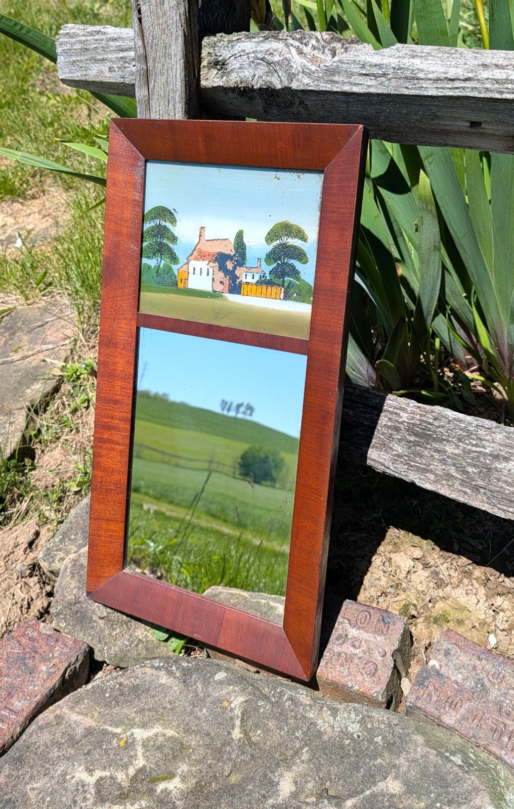 Antique Empire Mahogany Wall Mirror w Reverse Painted Glass 1850