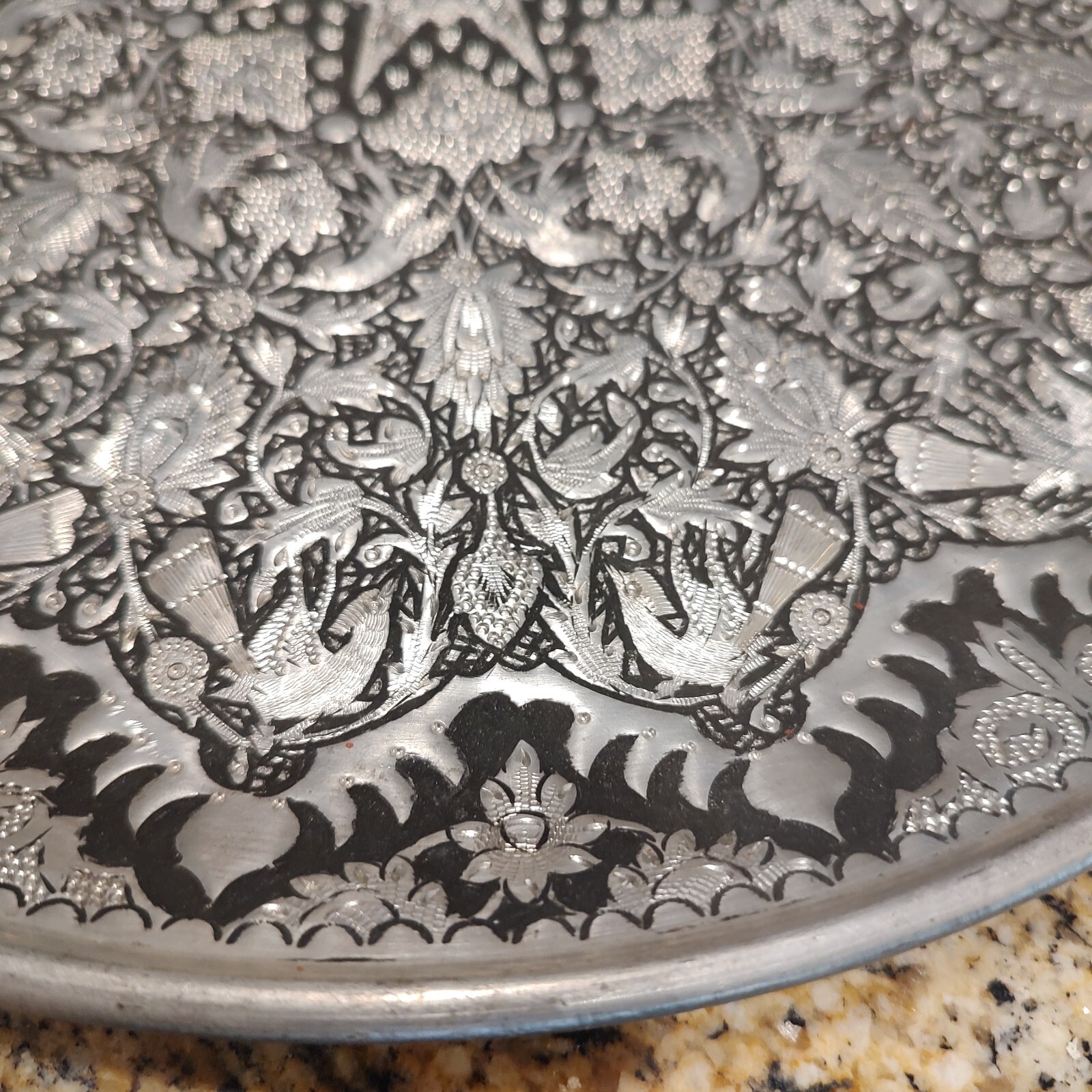 Vintage Handmade Vintage Middle Eastern Round Silver Tray  Floral Design