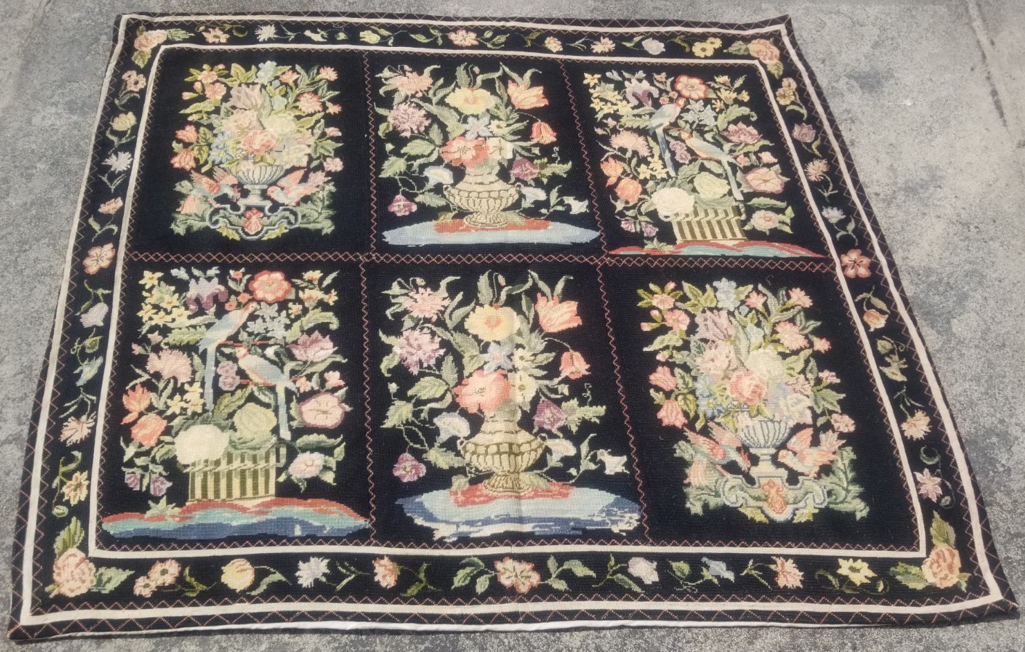 Vintage French Floral Needlepoint Handmade Multicolor Rug Wool Carpet 156×134 cm