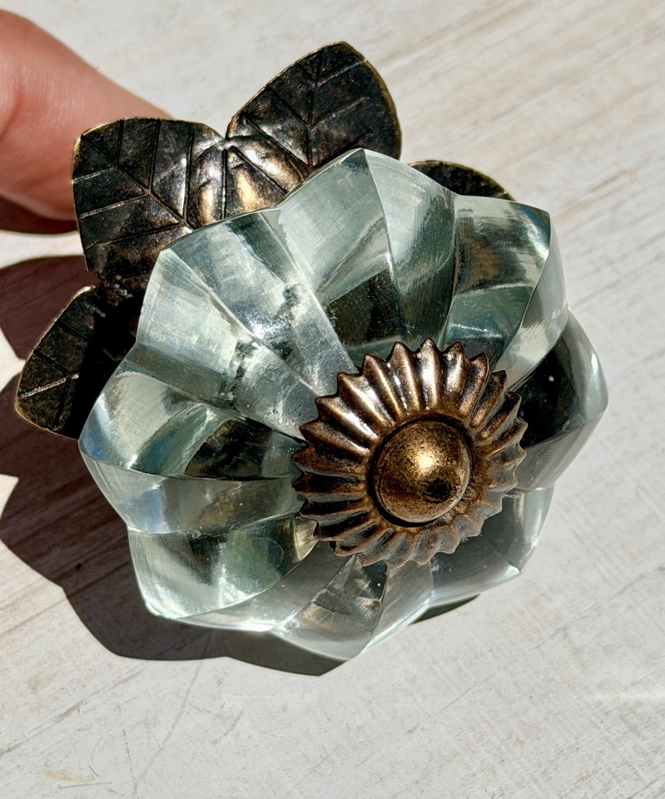 Antique Bronze Floral Backplate Clear Glass Cabinet Knobs Drawer Pulls VTG STYLE