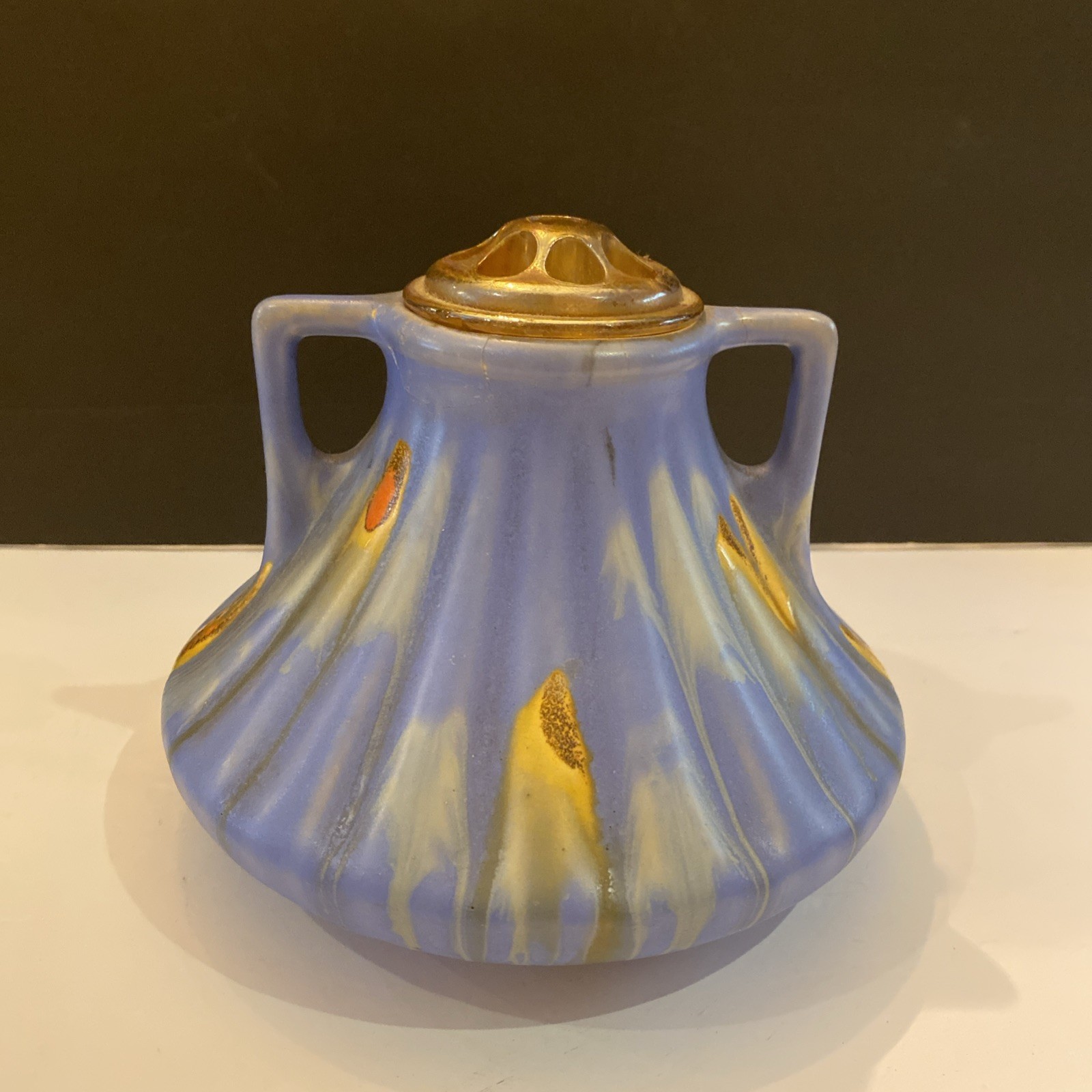 Antique Belgium #2187 Art Deco Thulin Faience Blue Ochre Drip Glaze 6”x 7” Vase