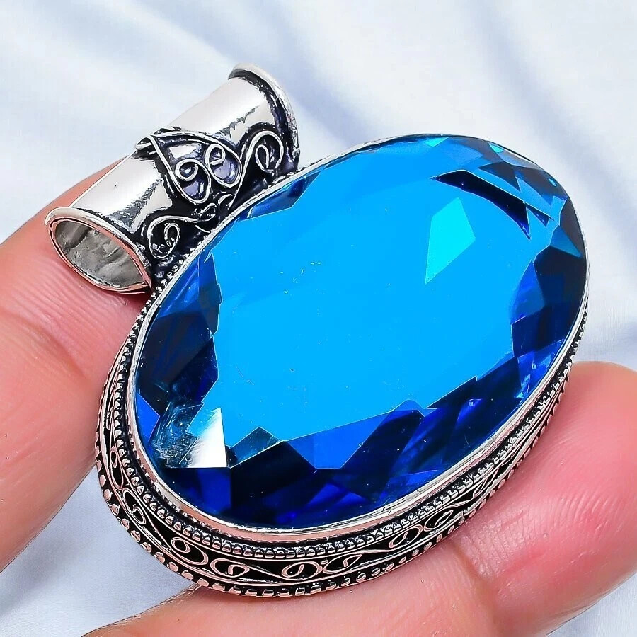 London Topaz Pendant, 925 Silver Sterling, Blue Pendant, Christmas Jewelry, Oval