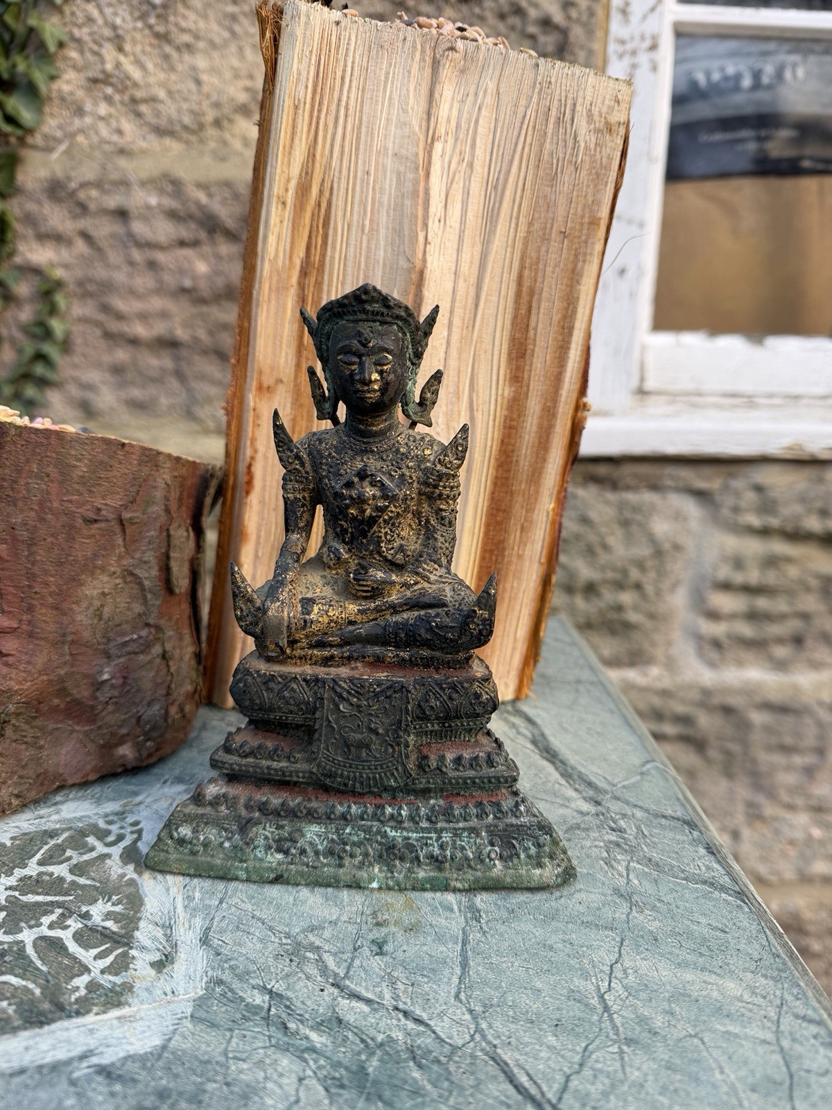 Vintage Thai Bronze Crowned Buddha Statue Ayutthaya Style Gilded Verdigris 16cm